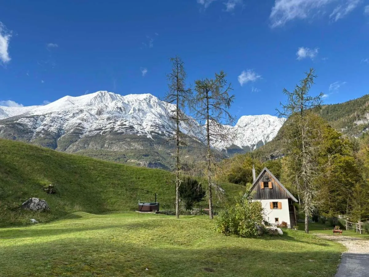 Hiša sredi zelenega travnika, za njo še zasneženi vrhovi